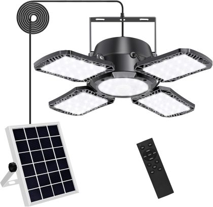 Solar Shed Light Indoor Outdoor Upgrade 176 LED 4 and 1 Heads Solar Powered Motion Sensor Pandent Daytime Work Lights with 4 Modes Remote Control Security lamp for Garage Gazebo Barn