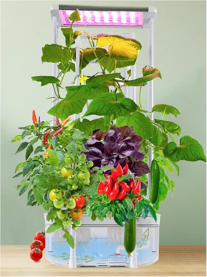 Growing System kit with Trellis,Smart Hydroponic Gardening System with LED Grow Light, Indoor Hydroponic Garden Herb Grow Kit for Short Tomato,Pepper,Cucumber
