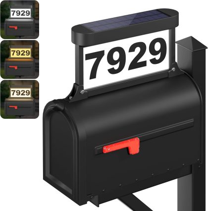 Solar Address Sign, 3-Color Lighting Modes Mailbox Number Plaque Waterproof, Double Sided Light-Emitting Mailbox Topper, LED House Numbers